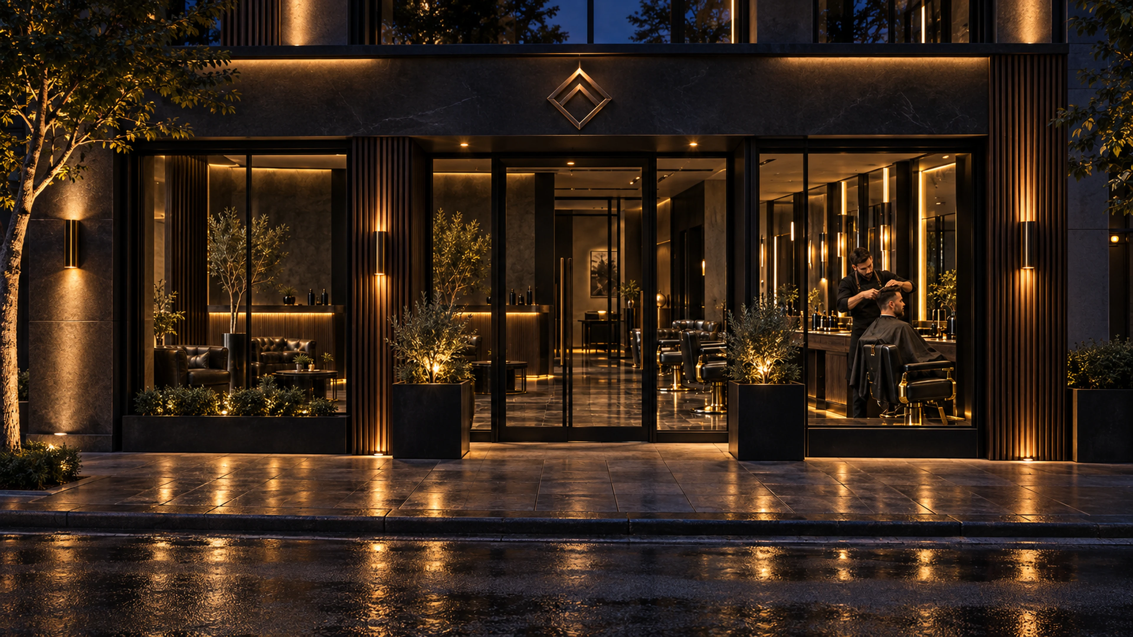 Fachada da Barbearia Premium à noite