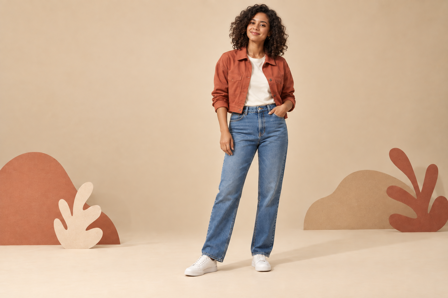 Look urbano com jeans e jaqueta terracota