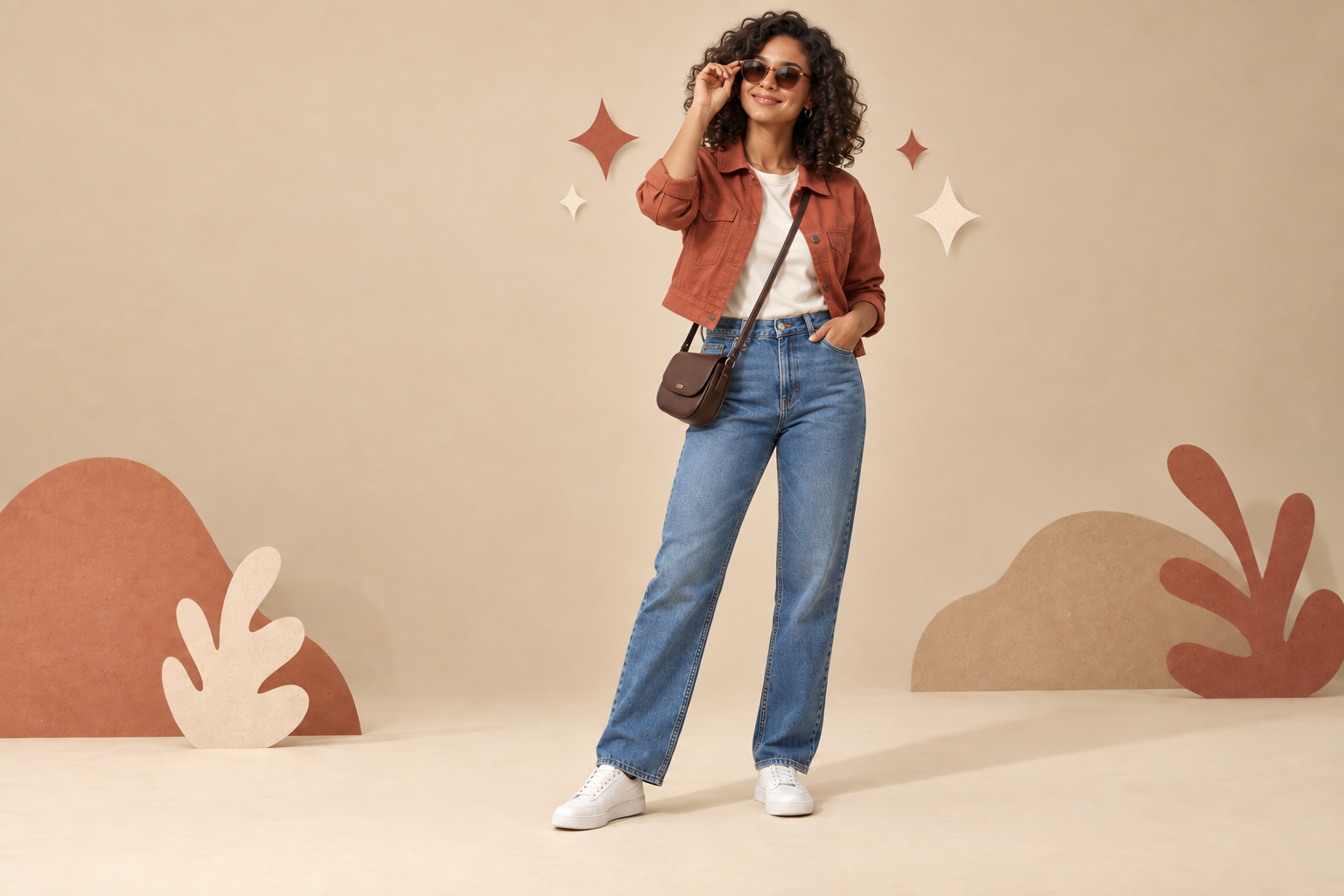 Look completo com jaqueta, bolsa e óculos
