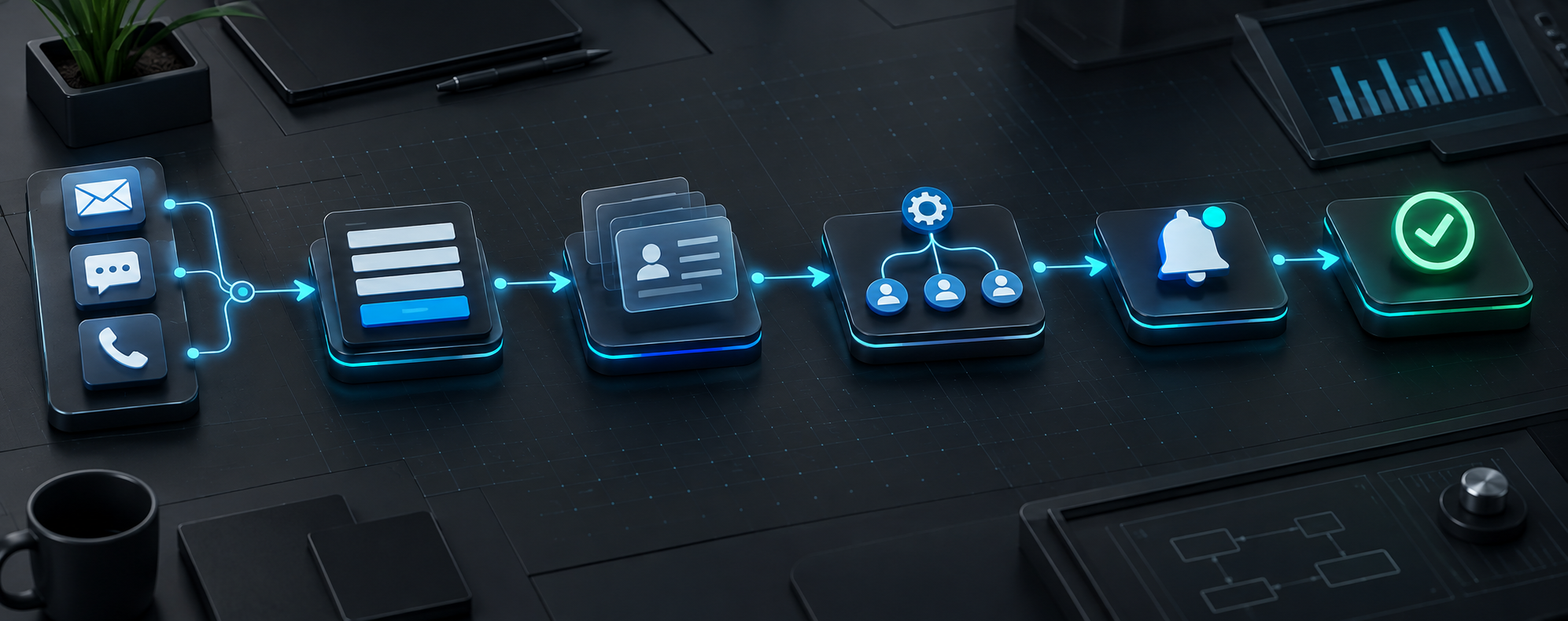 Fluxo de automação conectando mensagens, registros, tarefas e notificações