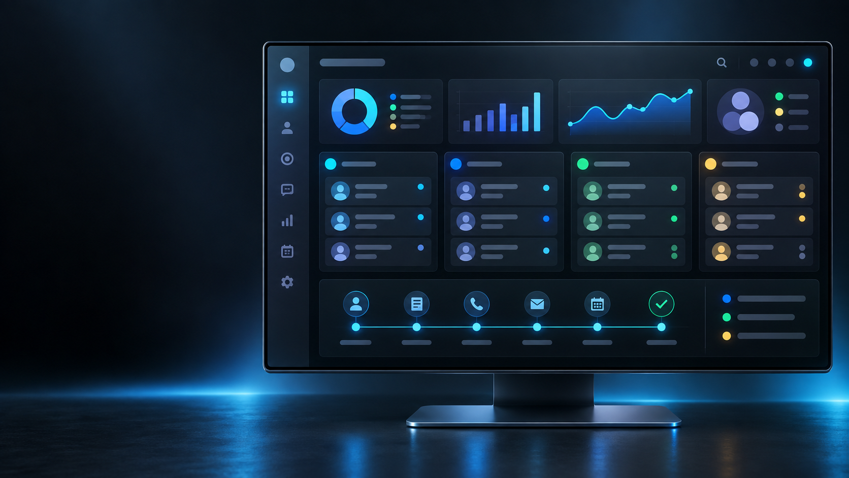 Painel conceitual de CRM com clientes, etapas comerciais e indicadores