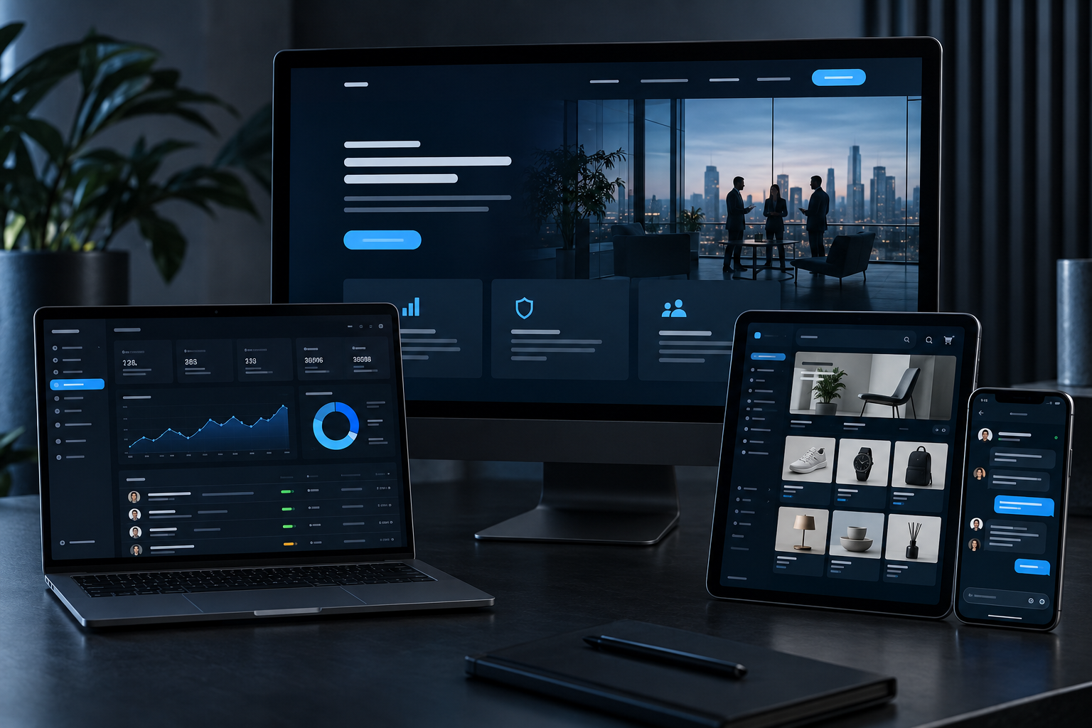 Mockups de site, CRM, loja virtual e atendimento em desktop, notebook, tablet e smartphone